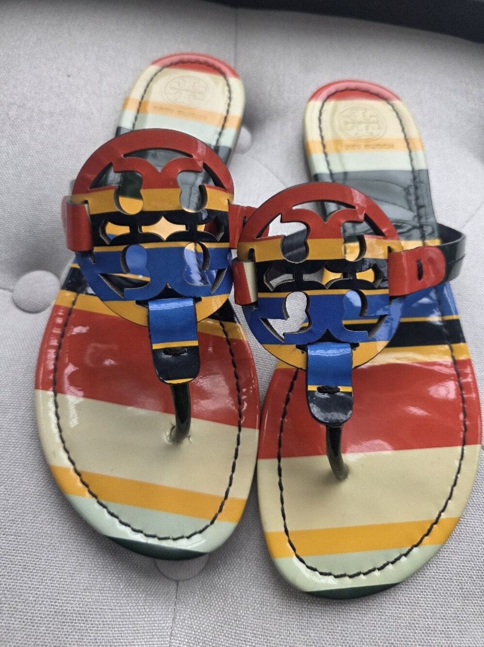 Tory Burch Miller Thong Sandals Rainbow Stripes Leather Size 7 RARE